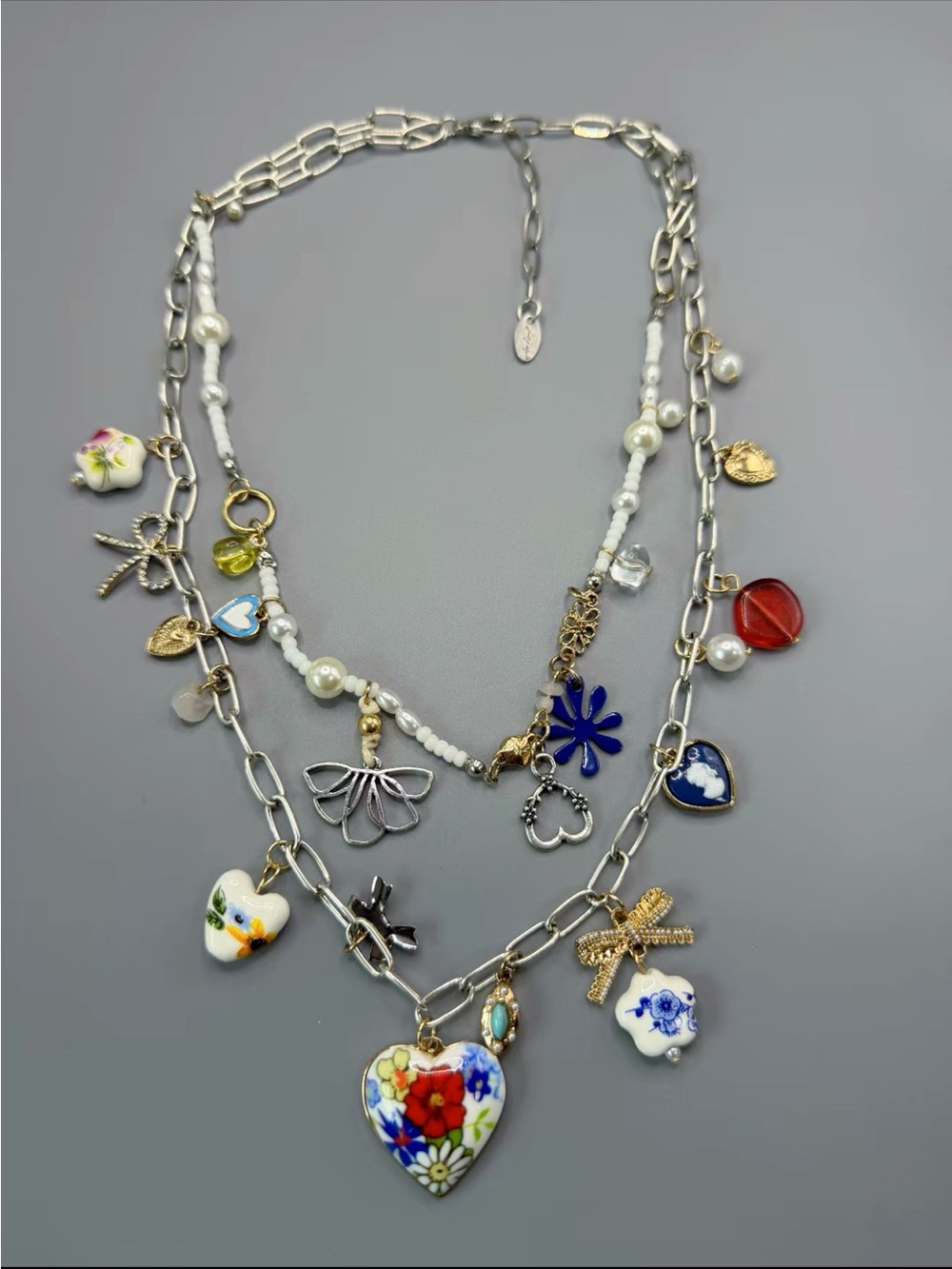 Free People Maxamillion Charm Necklace Multicolor Heart Charm Layered